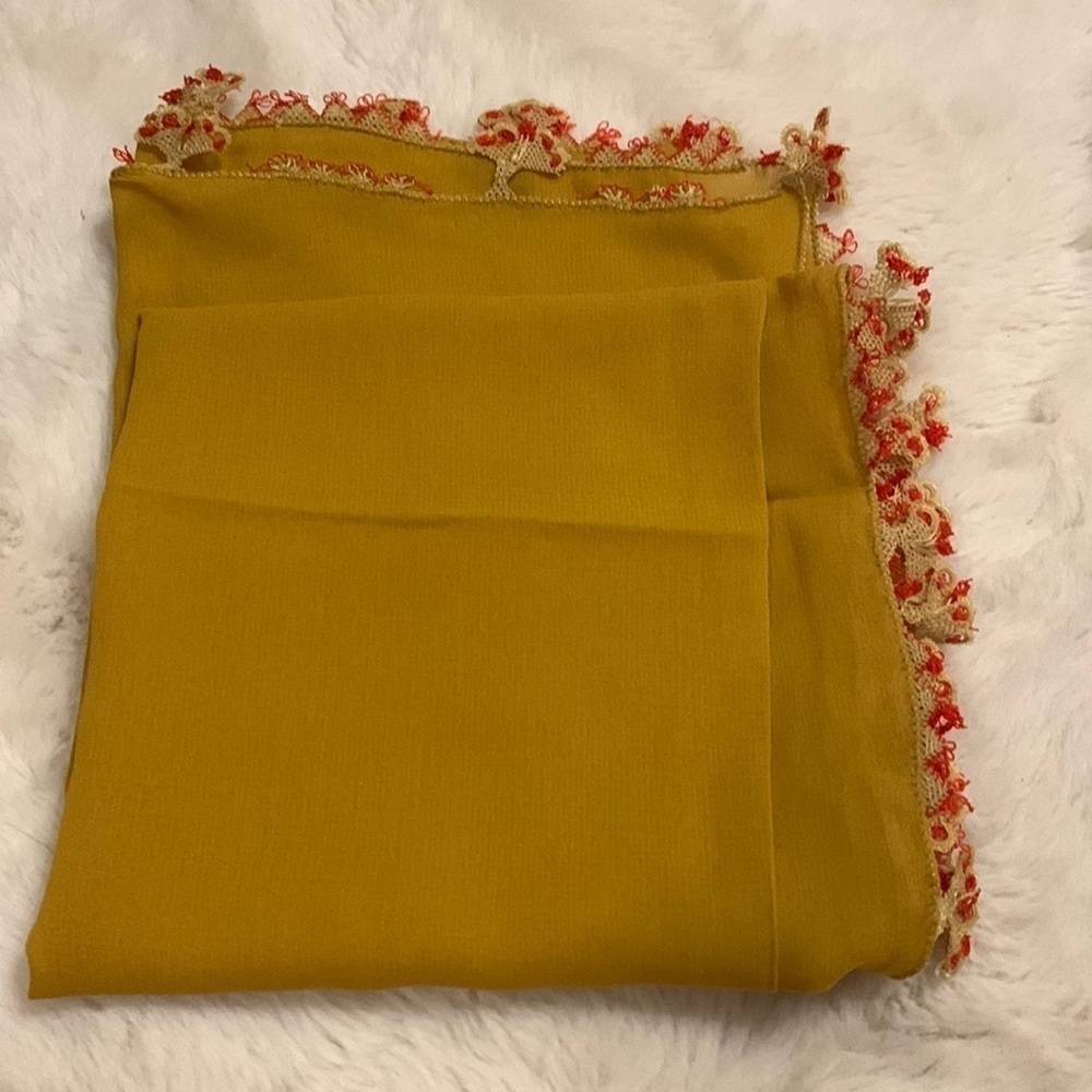 Scarf with decorated edges - handmade square 29” each side. Lovely mustard color